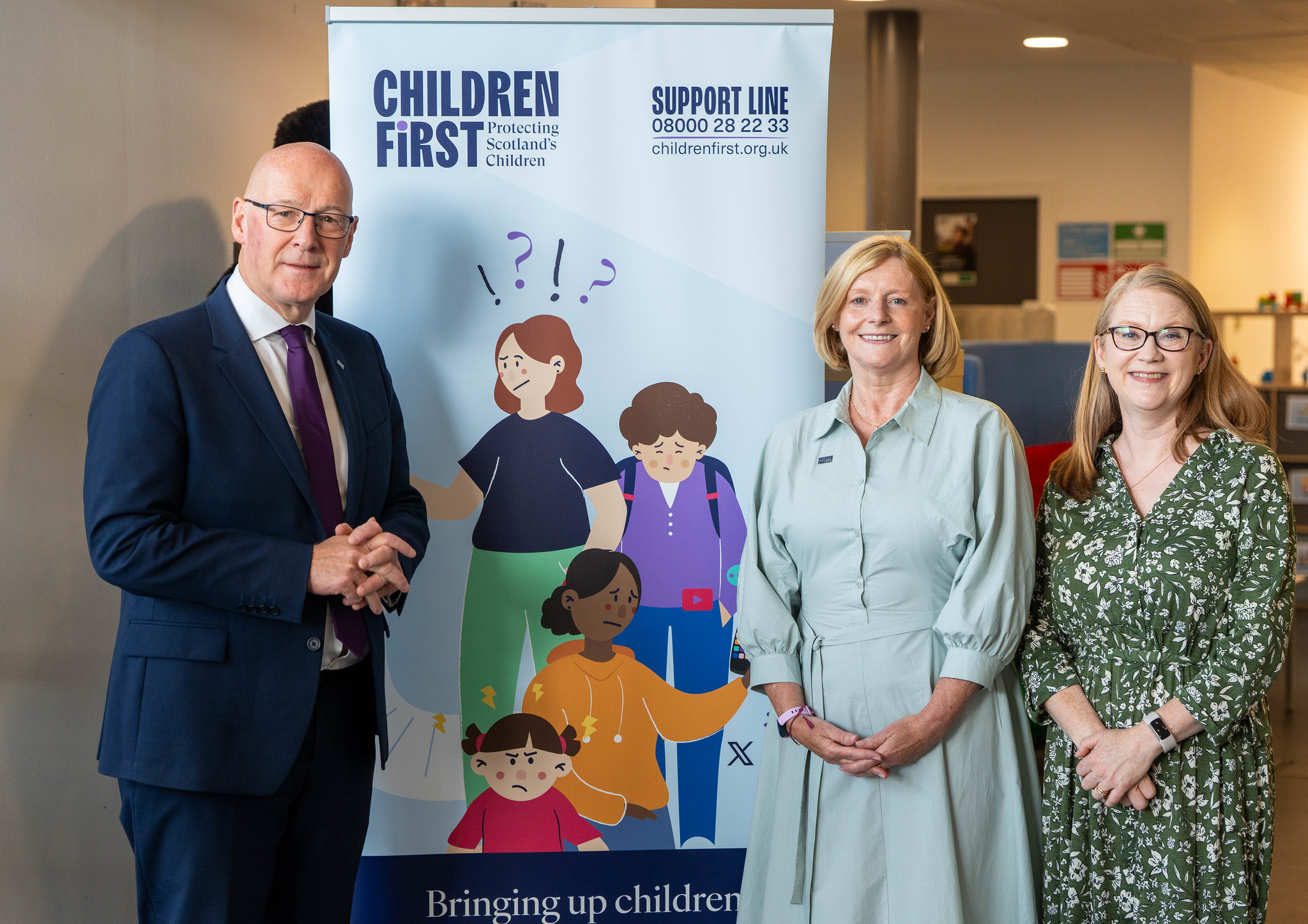 First Minister John Swinney, Director of Children and Family Services at Children First Linda Jardine and Cabinet Secretary Shirley-Anne Sommerville