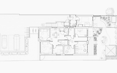 Floor plan drawing of house garden and parking